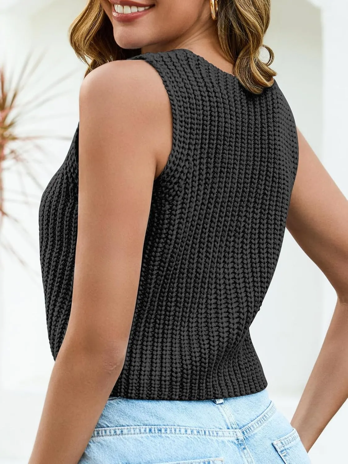 Saodimallsu Womens Cropped Sweater Vest V Neck Button Down Y2k Crop Knit Summer Trendy Sleeveless Chunky Tank Tops