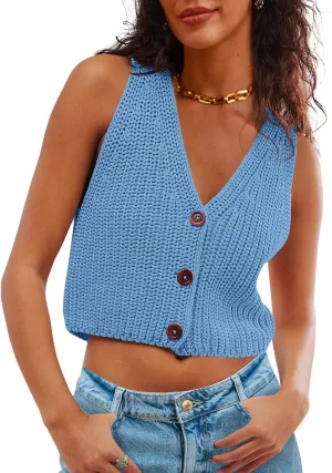 Saodimallsu Womens Cropped Sweater Vest V Neck Button Down Y2k Crop Knit Summer Trendy Sleeveless Chunky Tank Tops