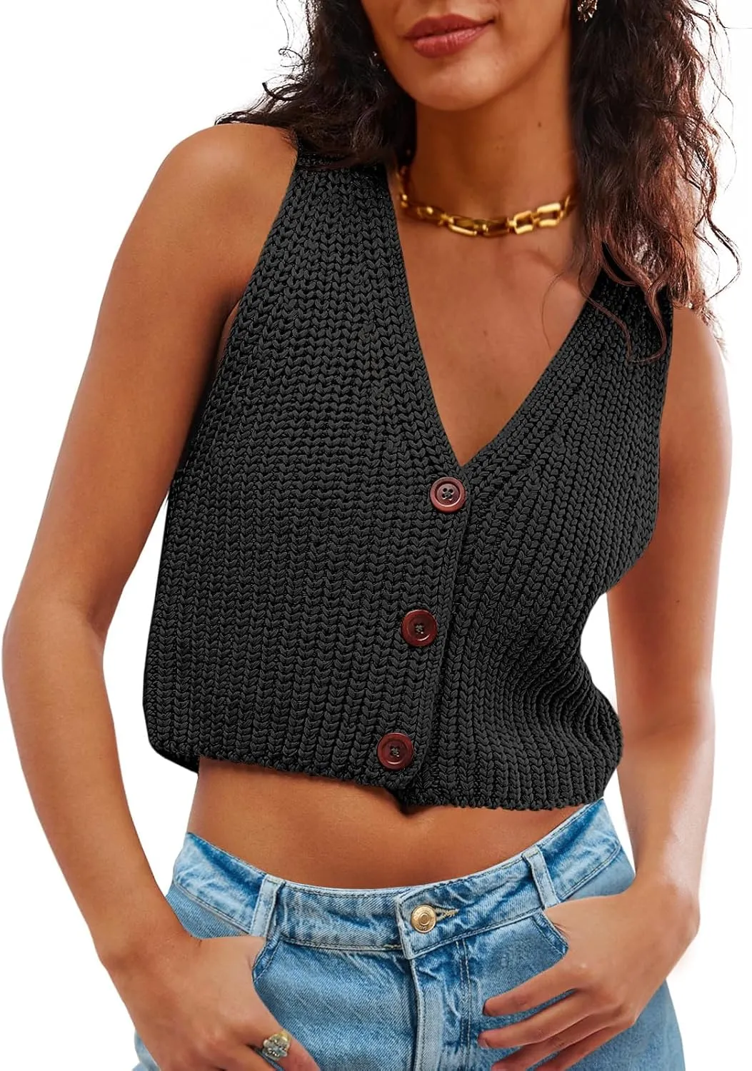 Saodimallsu Womens Cropped Sweater Vest V Neck Button Down Y2k Crop Knit Summer Trendy Sleeveless Chunky Tank Tops