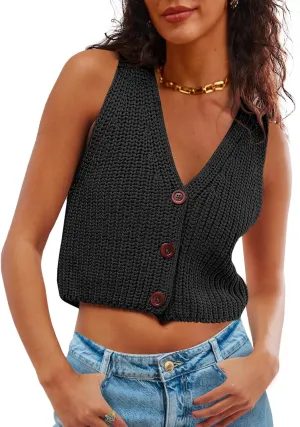 Saodimallsu Womens Cropped Sweater Vest V Neck Button Down Y2k Crop Knit Summer Trendy Sleeveless Chunky Tank Tops