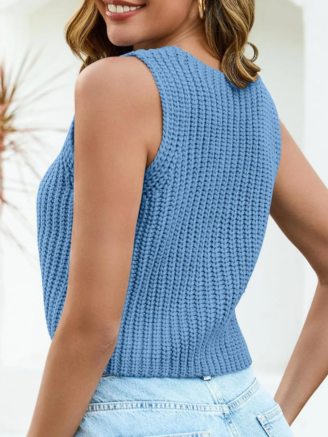 Saodimallsu Womens Cropped Sweater Vest V Neck Button Down Y2k Crop Knit Summer Trendy Sleeveless Chunky Tank Tops