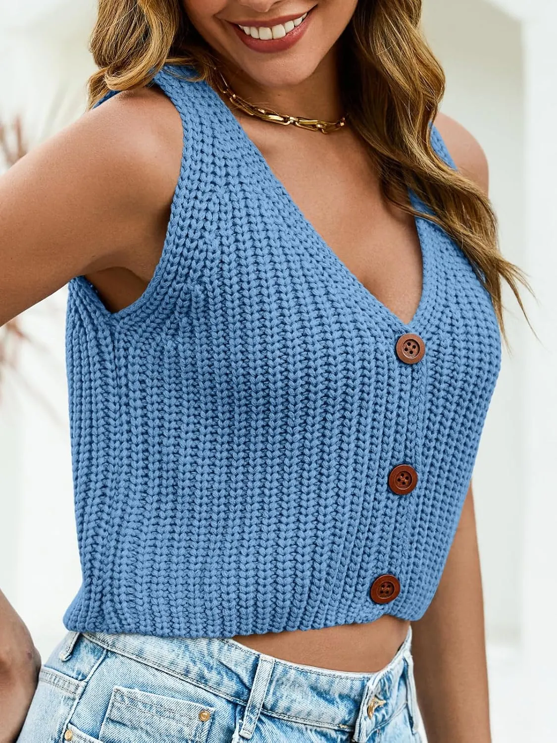 Saodimallsu Womens Cropped Sweater Vest V Neck Button Down Y2k Crop Knit Summer Trendy Sleeveless Chunky Tank Tops