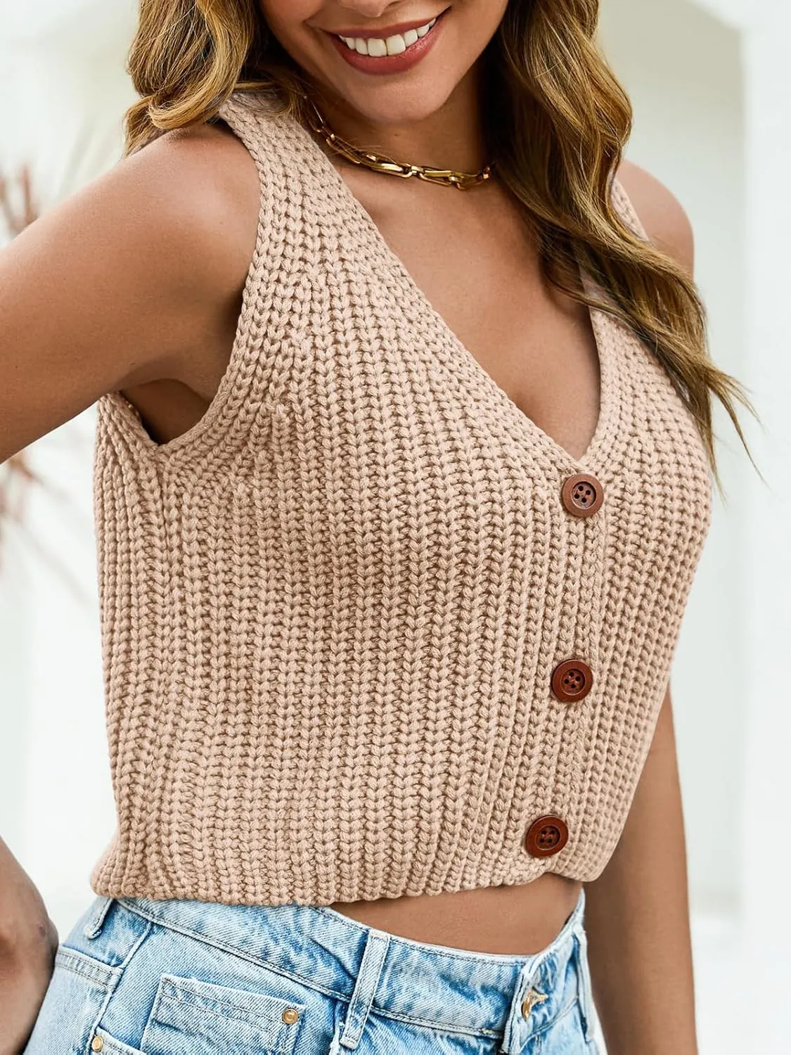 Saodimallsu Womens Cropped Sweater Vest V Neck Button Down Y2k Crop Knit Summer Trendy Sleeveless Chunky Tank Tops