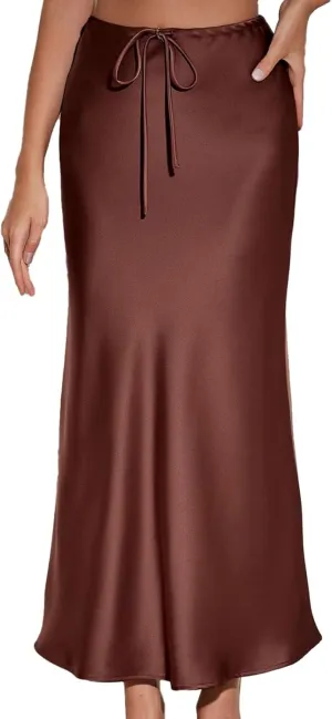 Satin Maxi Skirts for Women 2025 Summer Drawstring Elastic High Waisted Solid Color Slip Long Skirt