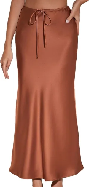 Satin Maxi Skirts for Women 2025 Summer Drawstring Elastic High Waisted Solid Color Slip Long Skirt