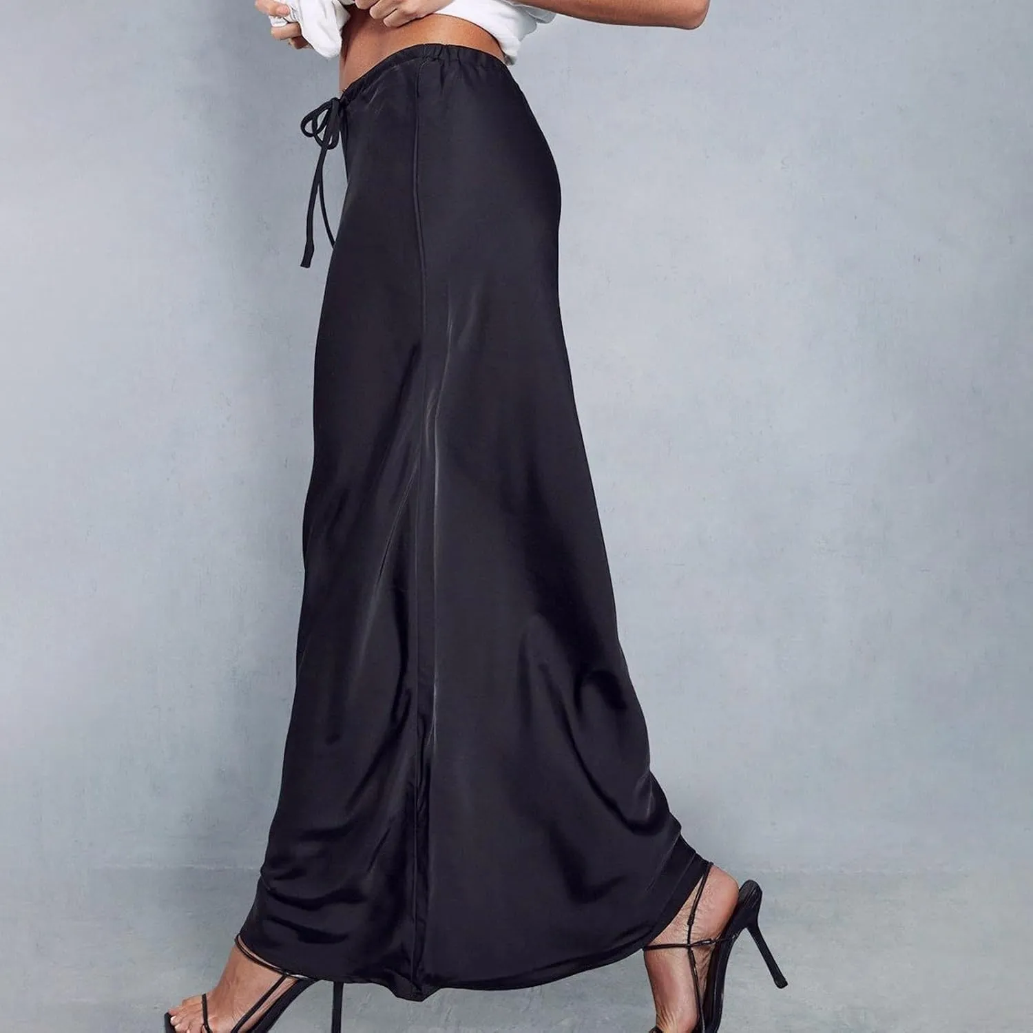 Satin Maxi Skirts for Women 2025 Summer Drawstring Elastic High Waisted Solid Color Slip Long Skirt