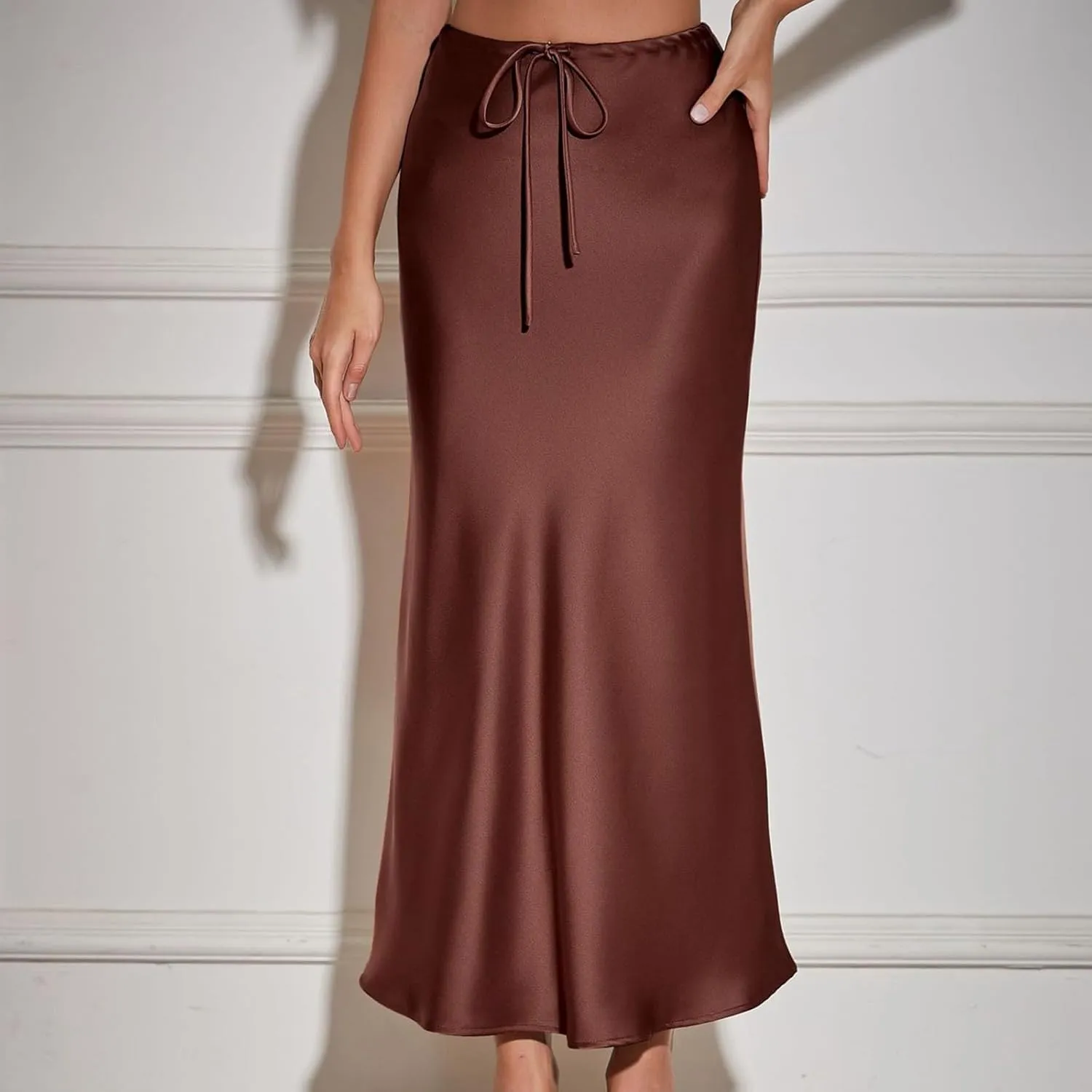 Satin Maxi Skirts for Women 2025 Summer Drawstring Elastic High Waisted Solid Color Slip Long Skirt