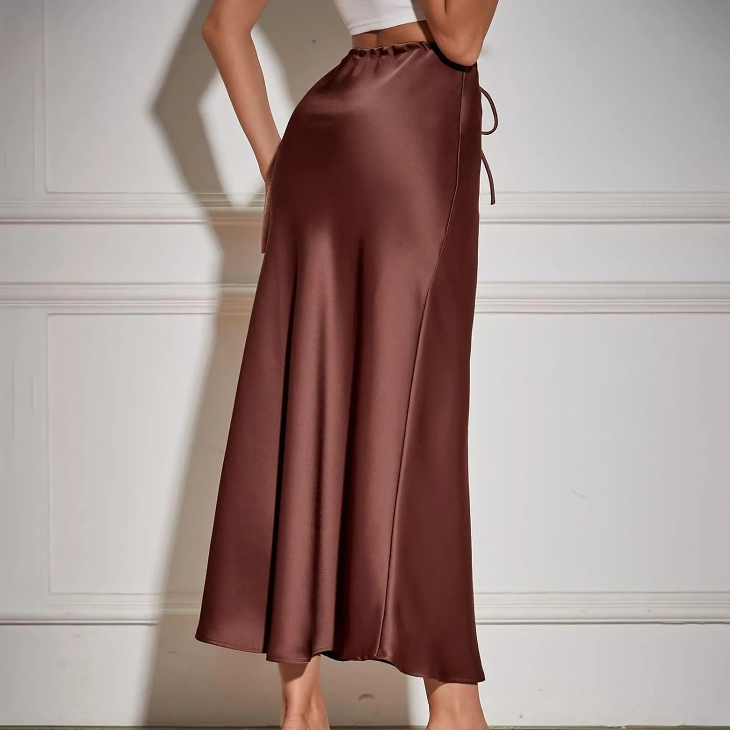 Satin Maxi Skirts for Women 2025 Summer Drawstring Elastic High Waisted Solid Color Slip Long Skirt