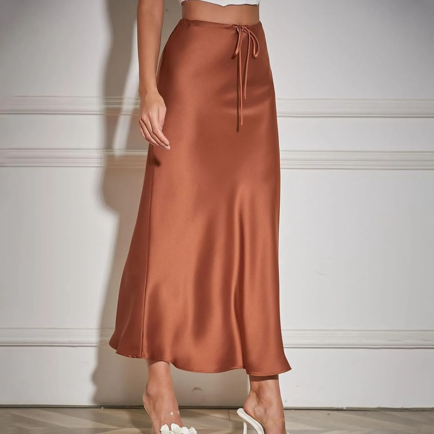 Satin Maxi Skirts for Women 2025 Summer Drawstring Elastic High Waisted Solid Color Slip Long Skirt