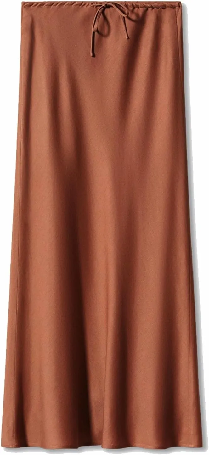 Satin Maxi Skirts for Women 2025 Summer Drawstring Elastic High Waisted Solid Color Slip Long Skirt