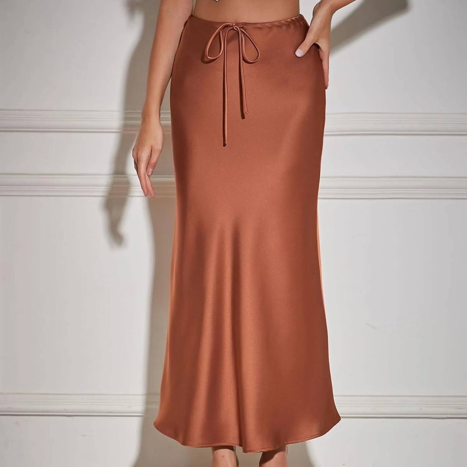 Satin Maxi Skirts for Women 2025 Summer Drawstring Elastic High Waisted Solid Color Slip Long Skirt