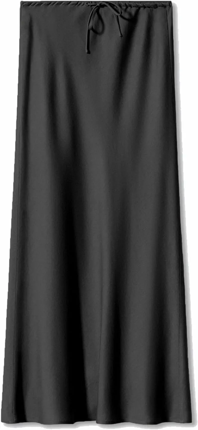 Satin Maxi Skirts for Women 2025 Summer Drawstring Elastic High Waisted Solid Color Slip Long Skirt
