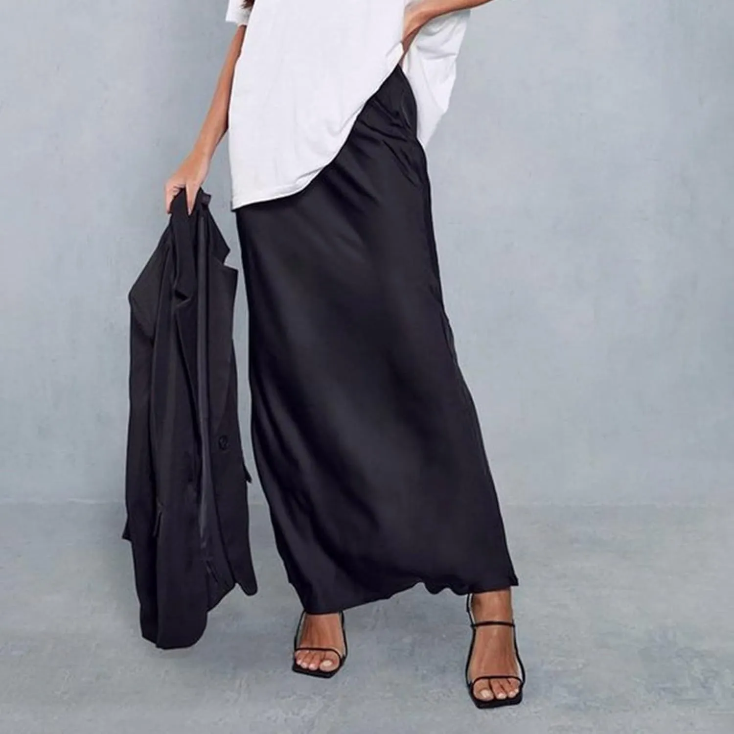 Satin Maxi Skirts for Women 2025 Summer Drawstring Elastic High Waisted Solid Color Slip Long Skirt