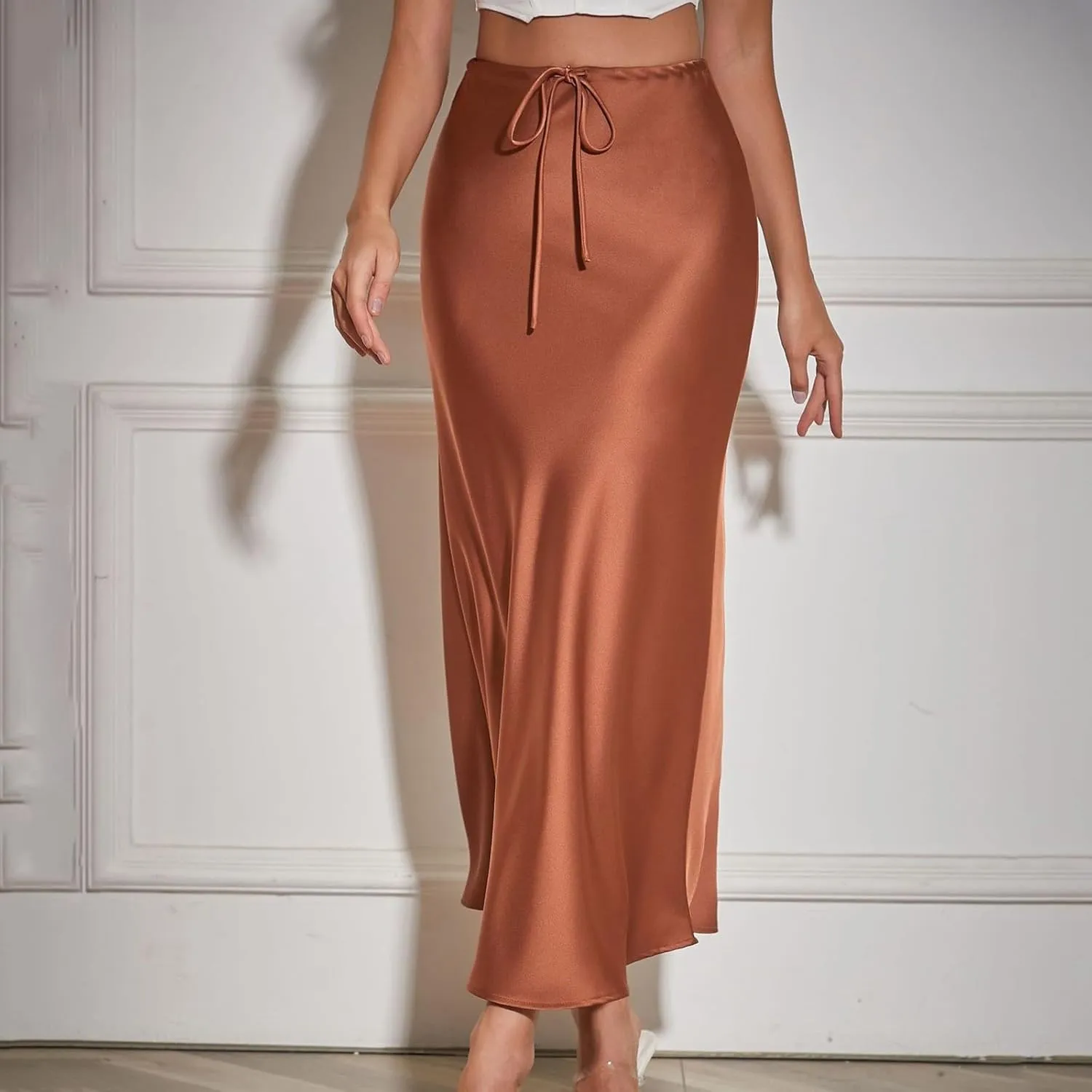 Satin Maxi Skirts for Women 2025 Summer Drawstring Elastic High Waisted Solid Color Slip Long Skirt