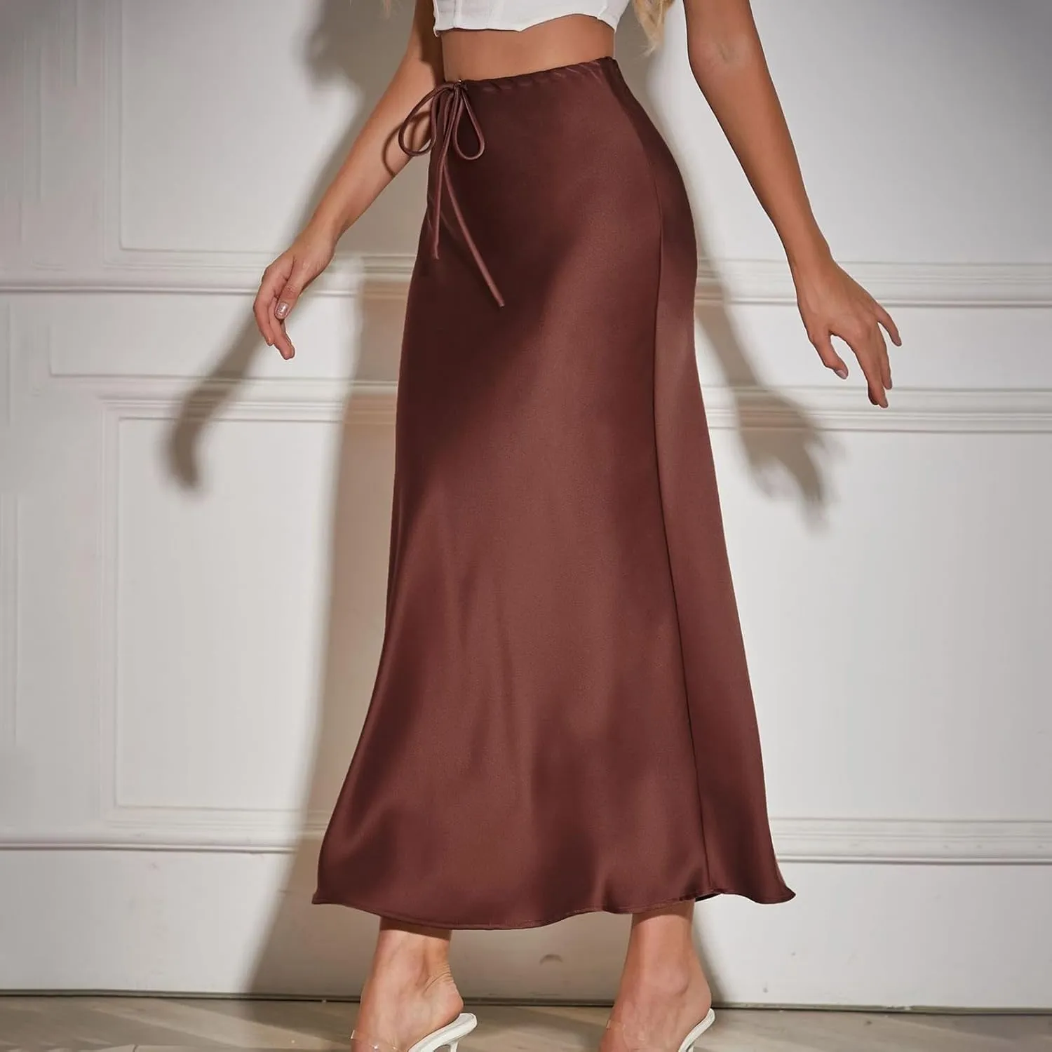 Satin Maxi Skirts for Women 2025 Summer Drawstring Elastic High Waisted Solid Color Slip Long Skirt