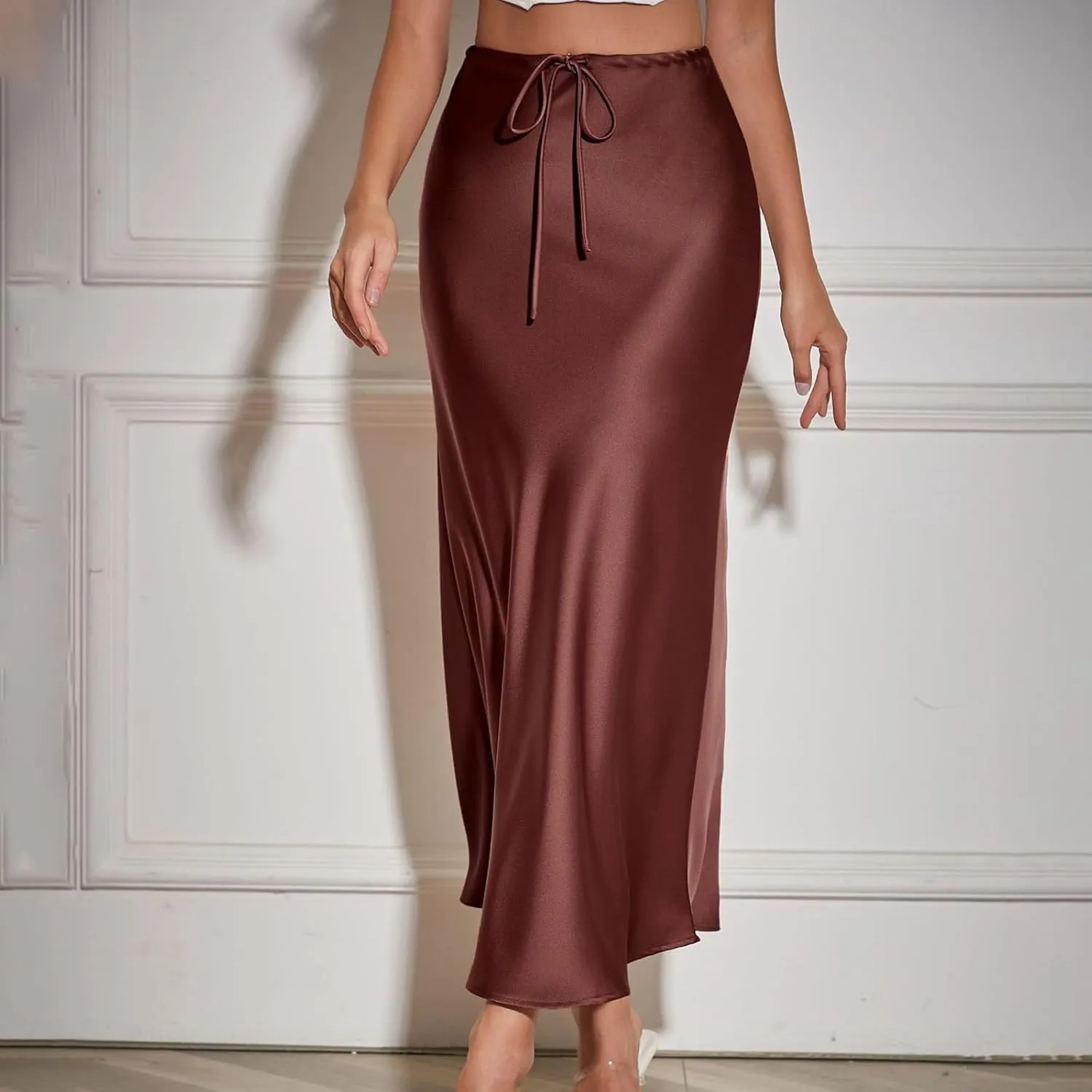 Satin Maxi Skirts for Women 2025 Summer Drawstring Elastic High Waisted Solid Color Slip Long Skirt