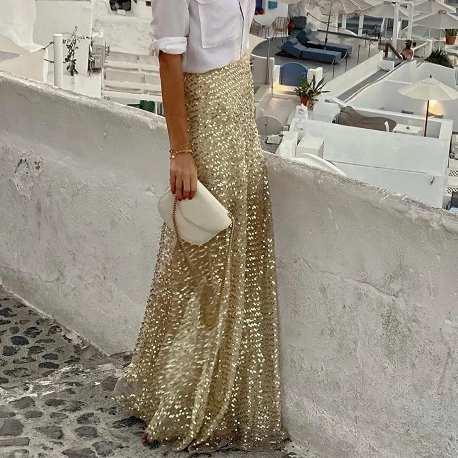 Sequin Maxi Skirts for Women 2025 Summer Elegant High Waisted Flowy Ruffle Long Vacation Skirt