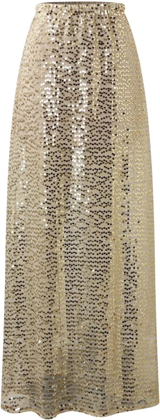 Sequin Maxi Skirts for Women 2025 Summer Elegant High Waisted Flowy Ruffle Long Vacation Skirt