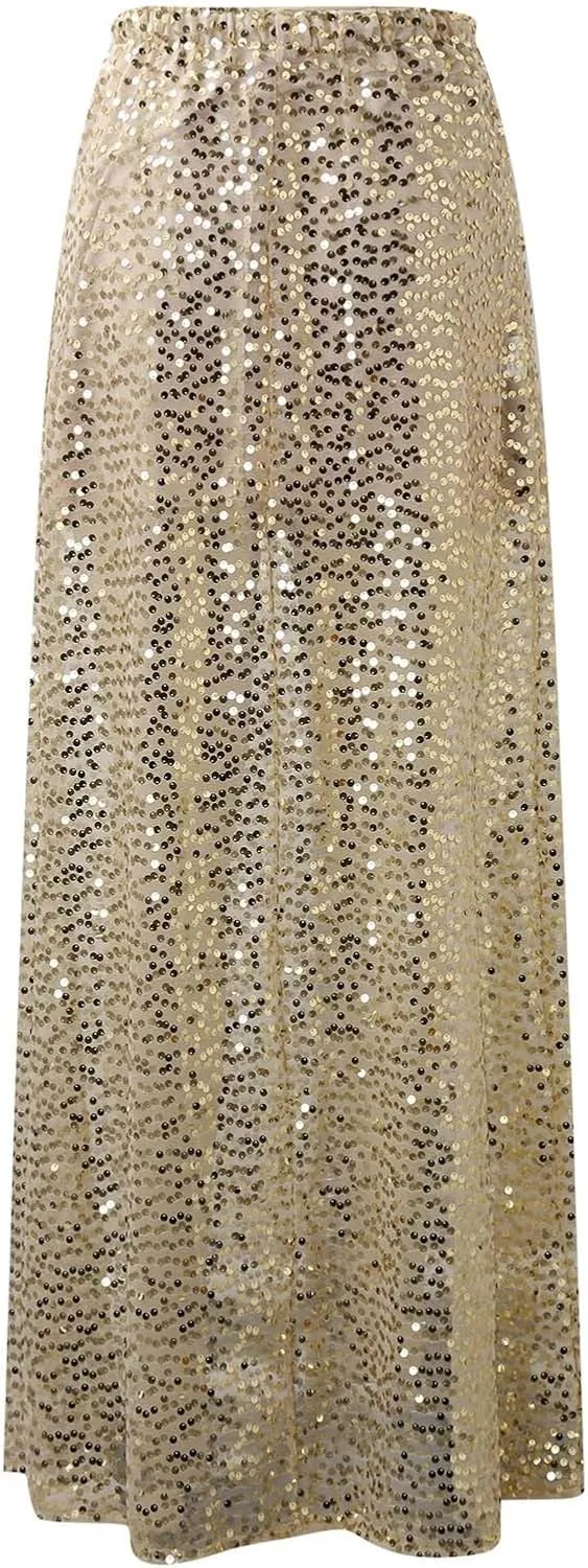 Sequin Maxi Skirts for Women 2025 Summer Elegant High Waisted Flowy Ruffle Long Vacation Skirt