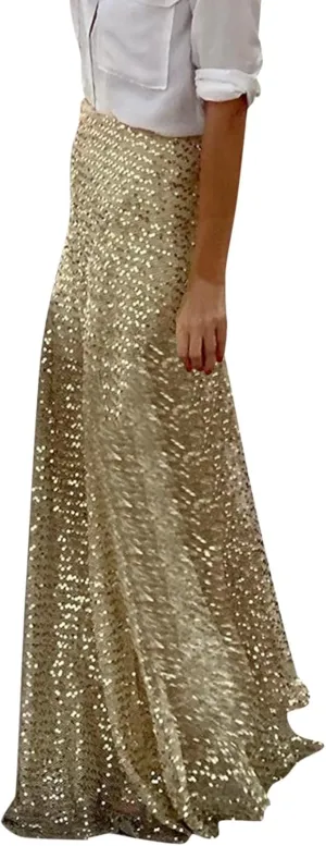 Sequin Maxi Skirts for Women 2025 Summer Elegant High Waisted Flowy Ruffle Long Vacation Skirt