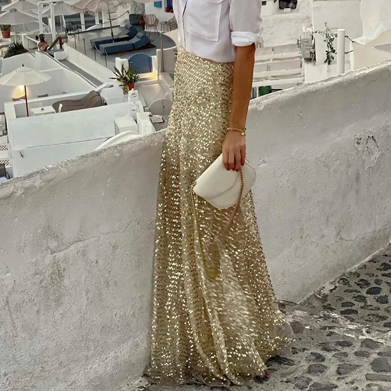 Sequin Maxi Skirts for Women 2025 Summer Elegant High Waisted Flowy Ruffle Long Vacation Skirt