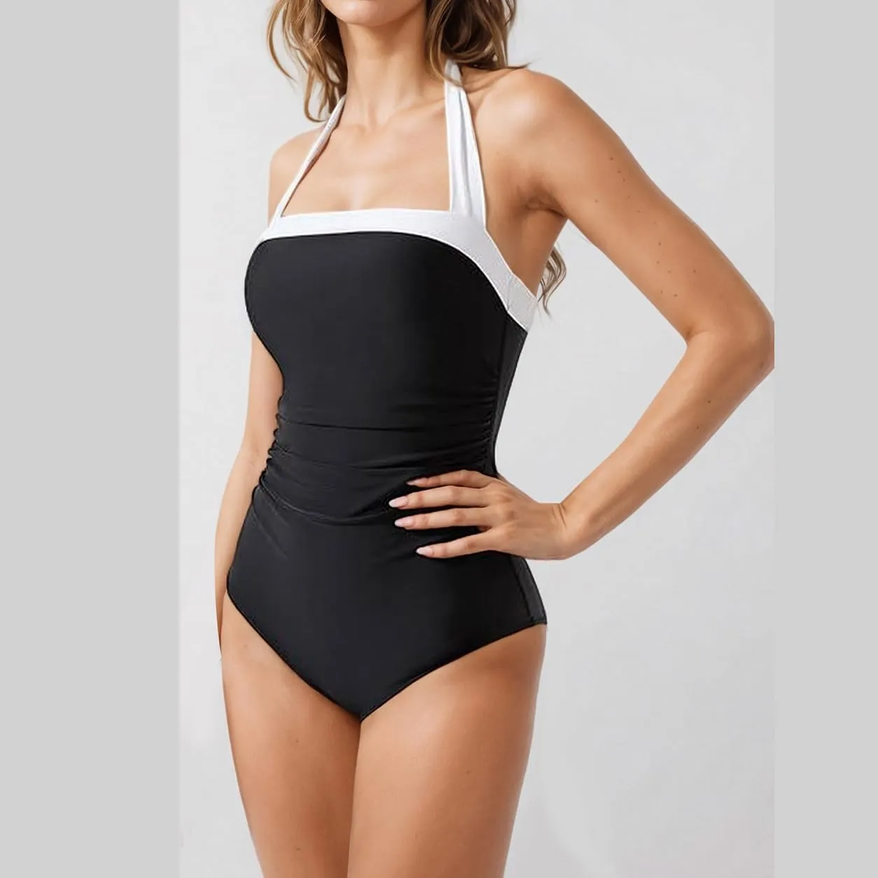 Sexy Halterneck One Piece Swimsuits for Women Color Block Tummy Control Bathing Suit Backless Tie Beachwear