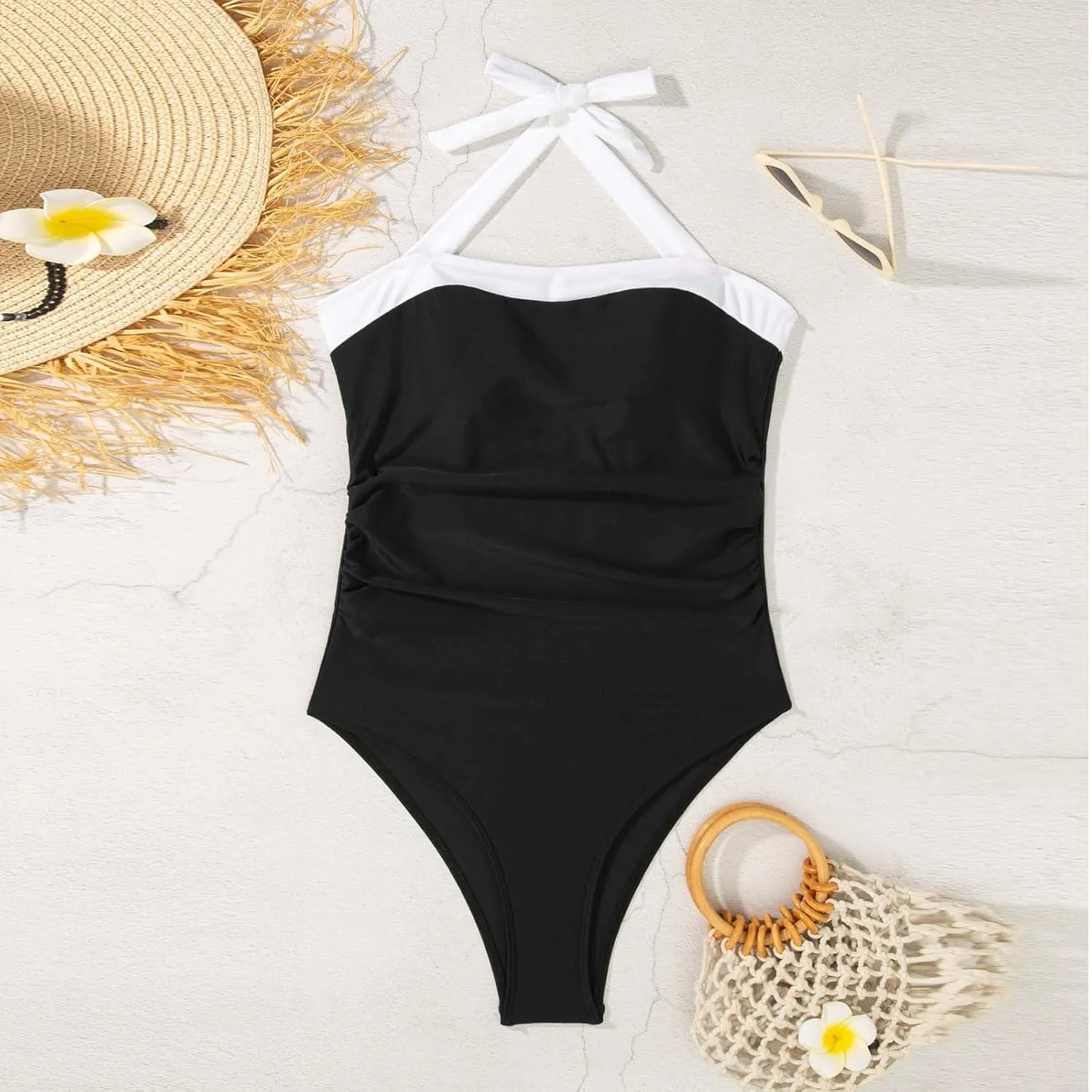 Sexy Halterneck One Piece Swimsuits for Women Color Block Tummy Control Bathing Suit Backless Tie Beachwear