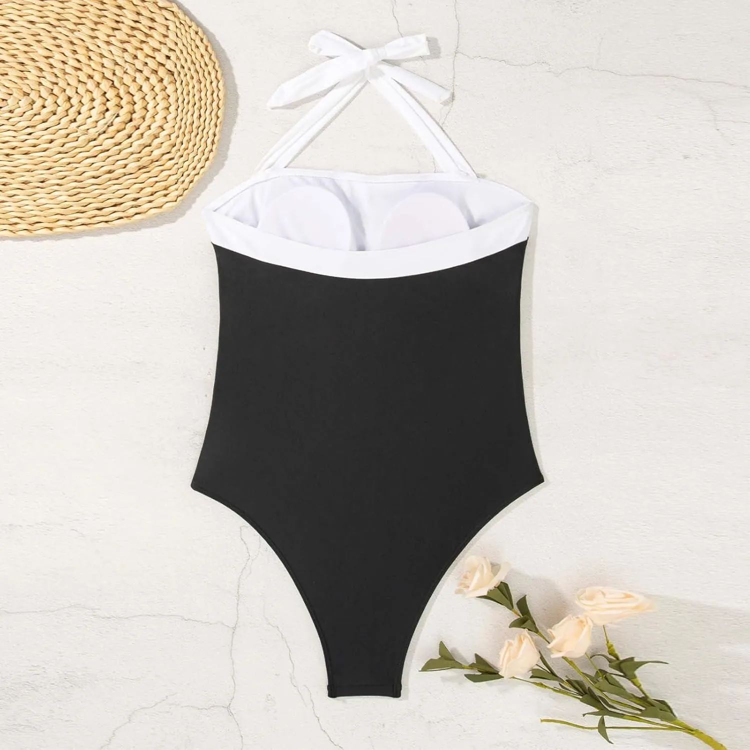Sexy Halterneck One Piece Swimsuits for Women Color Block Tummy Control Bathing Suit Backless Tie Beachwear