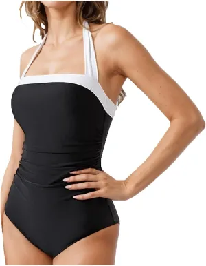 Sexy Halterneck One Piece Swimsuits for Women Color Block Tummy Control Bathing Suit Backless Tie Beachwear