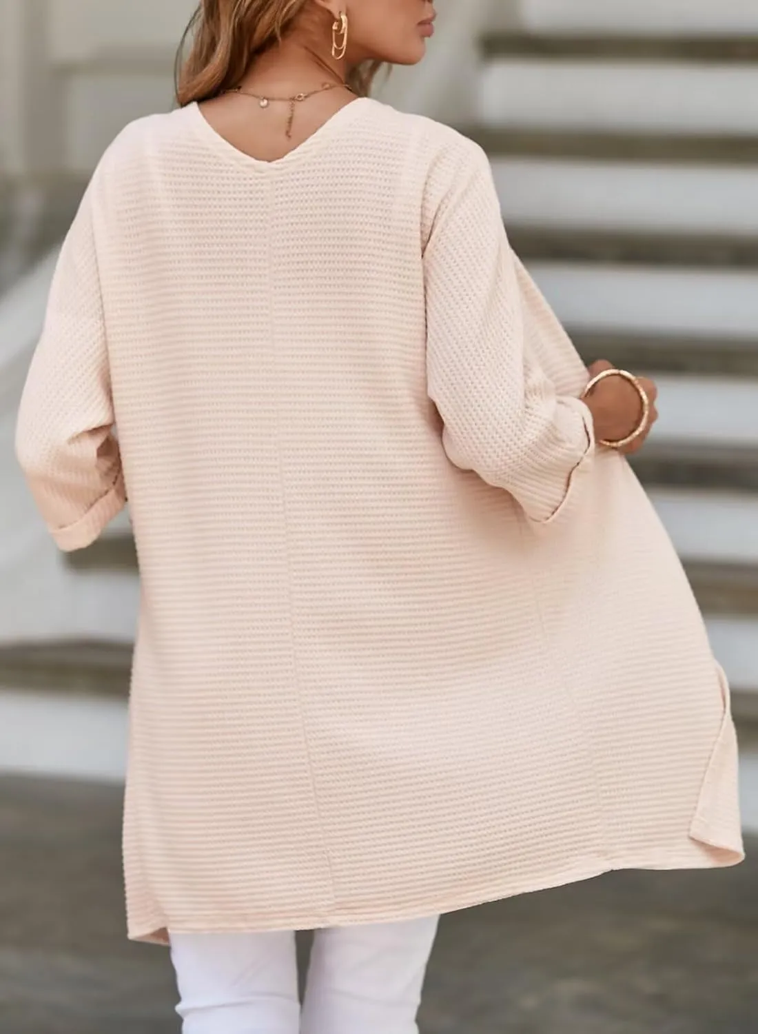 SHEWIN Women's Cardigans Casual 3/4 Short Sleeve Open Front Waffle Knit Lightweight Kimonos Cardigan Sweaters for Women