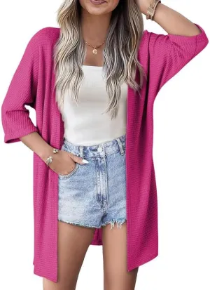 SHEWIN Women's Cardigans Casual 3/4 Short Sleeve Open Front Waffle Knit Lightweight Kimonos Cardigan Sweaters for Women
