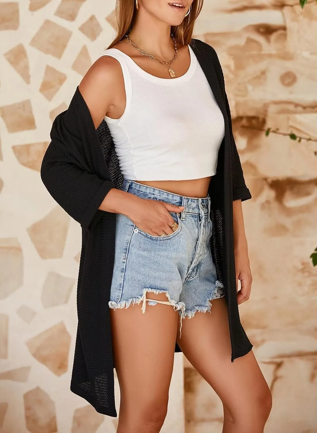 SHEWIN Women's Cardigans Casual 3/4 Short Sleeve Open Front Waffle Knit Lightweight Kimonos Cardigan Sweaters for Women