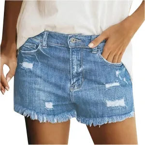 Shorts for Women Denim Casual High Waist Stretchy Boyfriend Shorts Jeans Solid Fray Hem Hot Short Pants