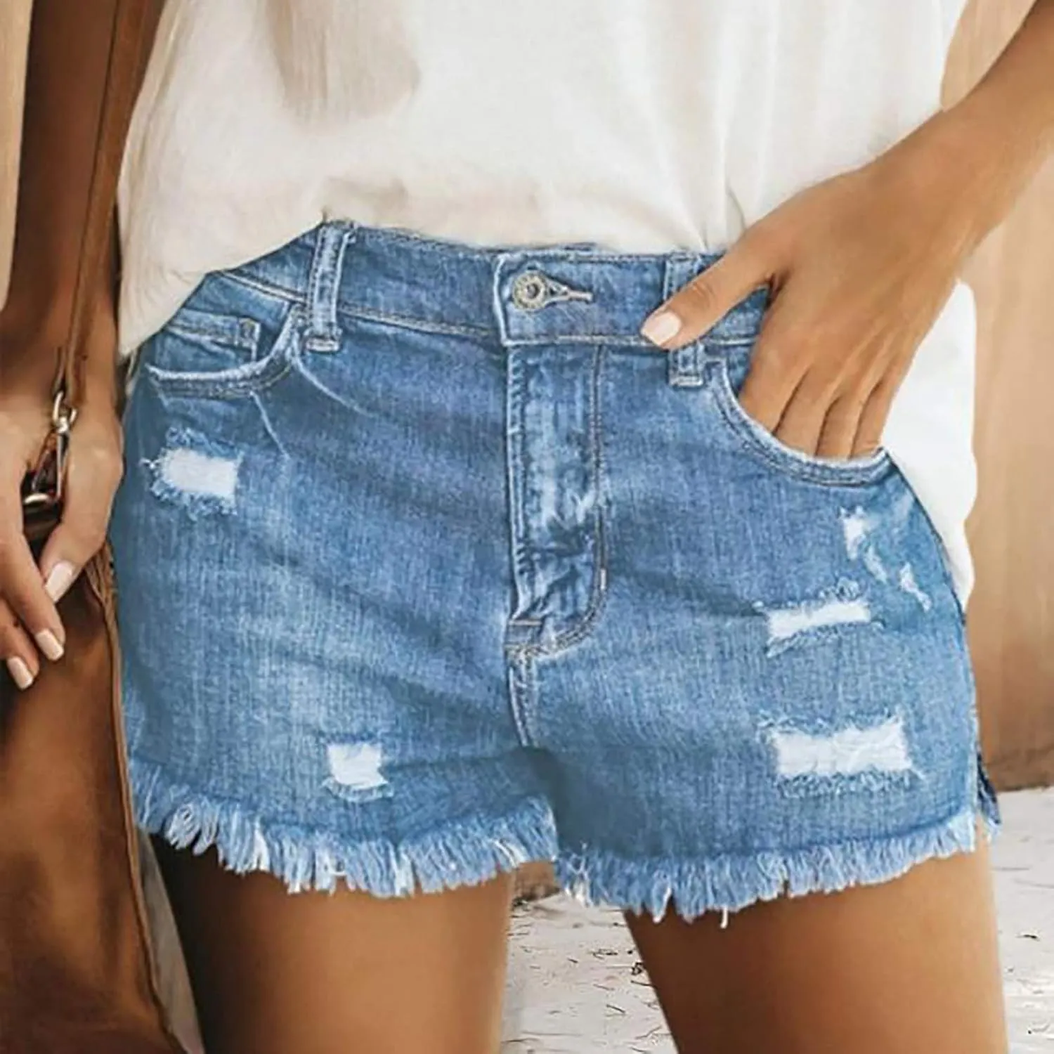 Shorts for Women Denim Casual High Waist Stretchy Boyfriend Shorts Jeans Solid Fray Hem Hot Short Pants