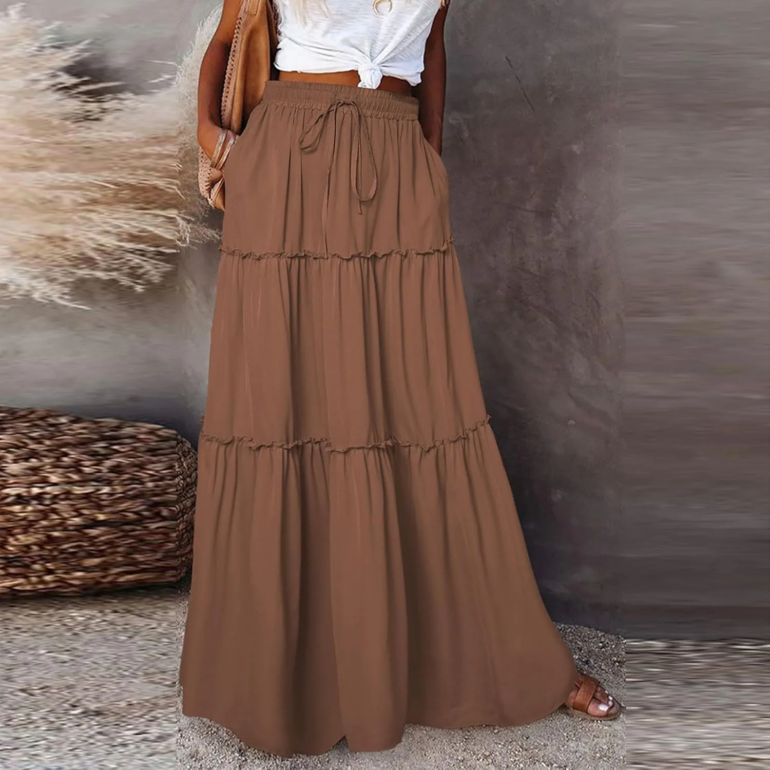 Skirt for Women Bohemian Casual Smocked Tube Dress High WAIS A-Line Maxi Skirt 2025 Summer Flowy Floral Print Skirts