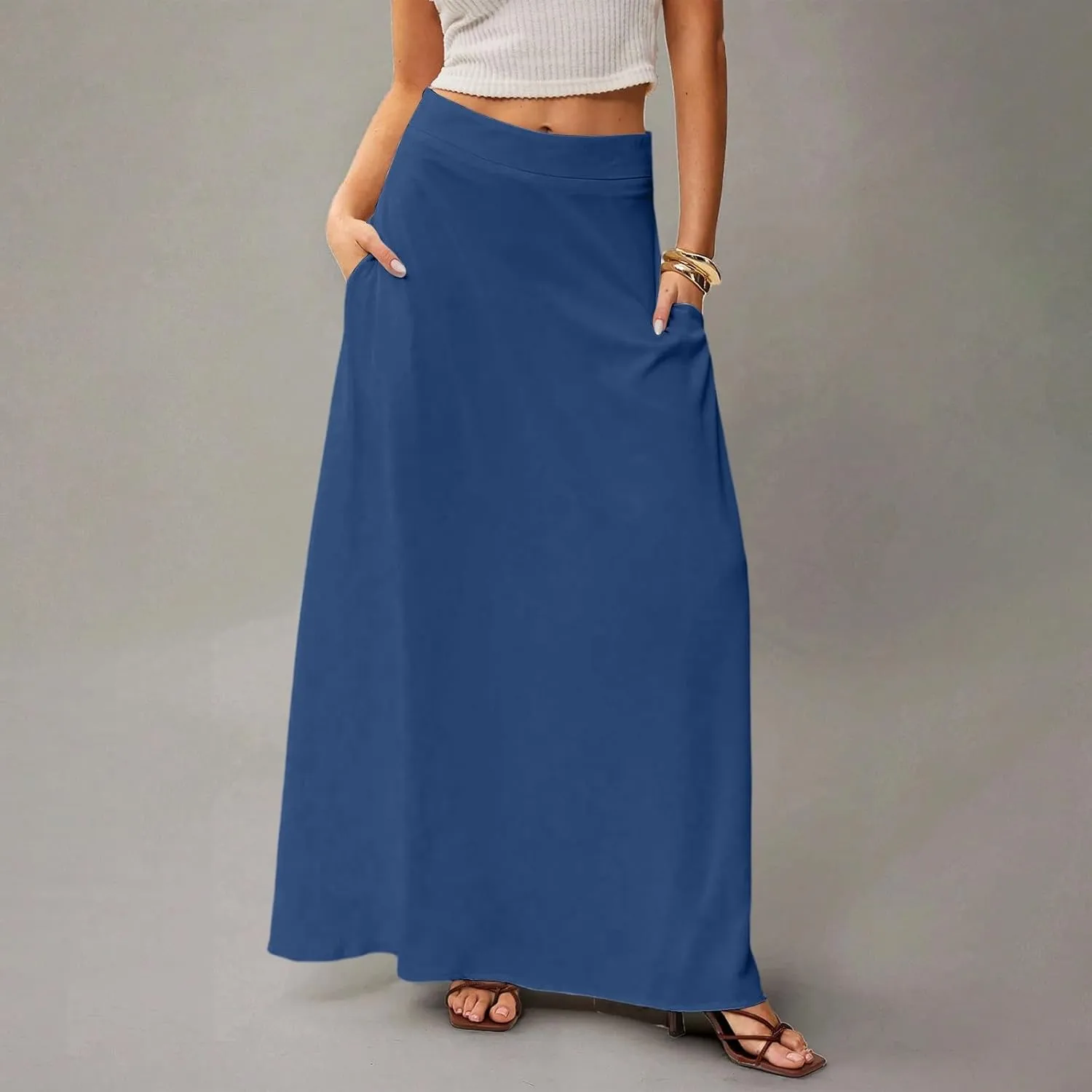 Skirts for Women Midi Length High Waisted Pleated A-Line Summer Swing Long Work Office with Pockets