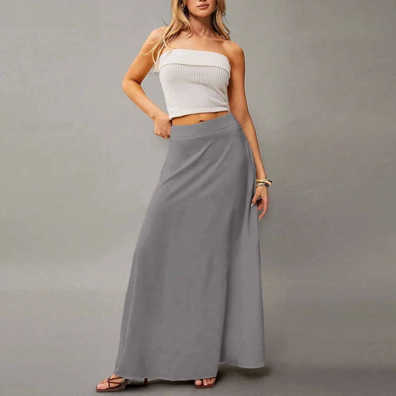 Skirts for Women Midi Length High Waisted Pleated A-Line Summer Swing Long Work Office with Pockets
