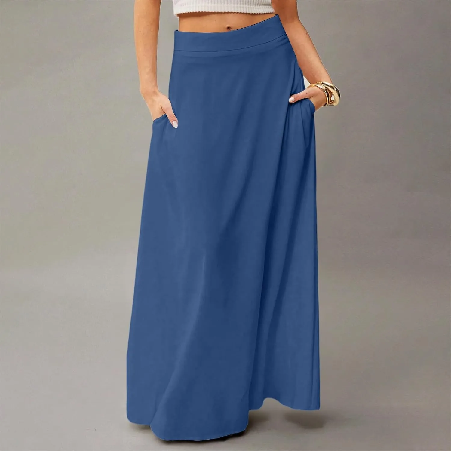 Skirts for Women Midi Length High Waisted Pleated A-Line Summer Swing Long Work Office with Pockets