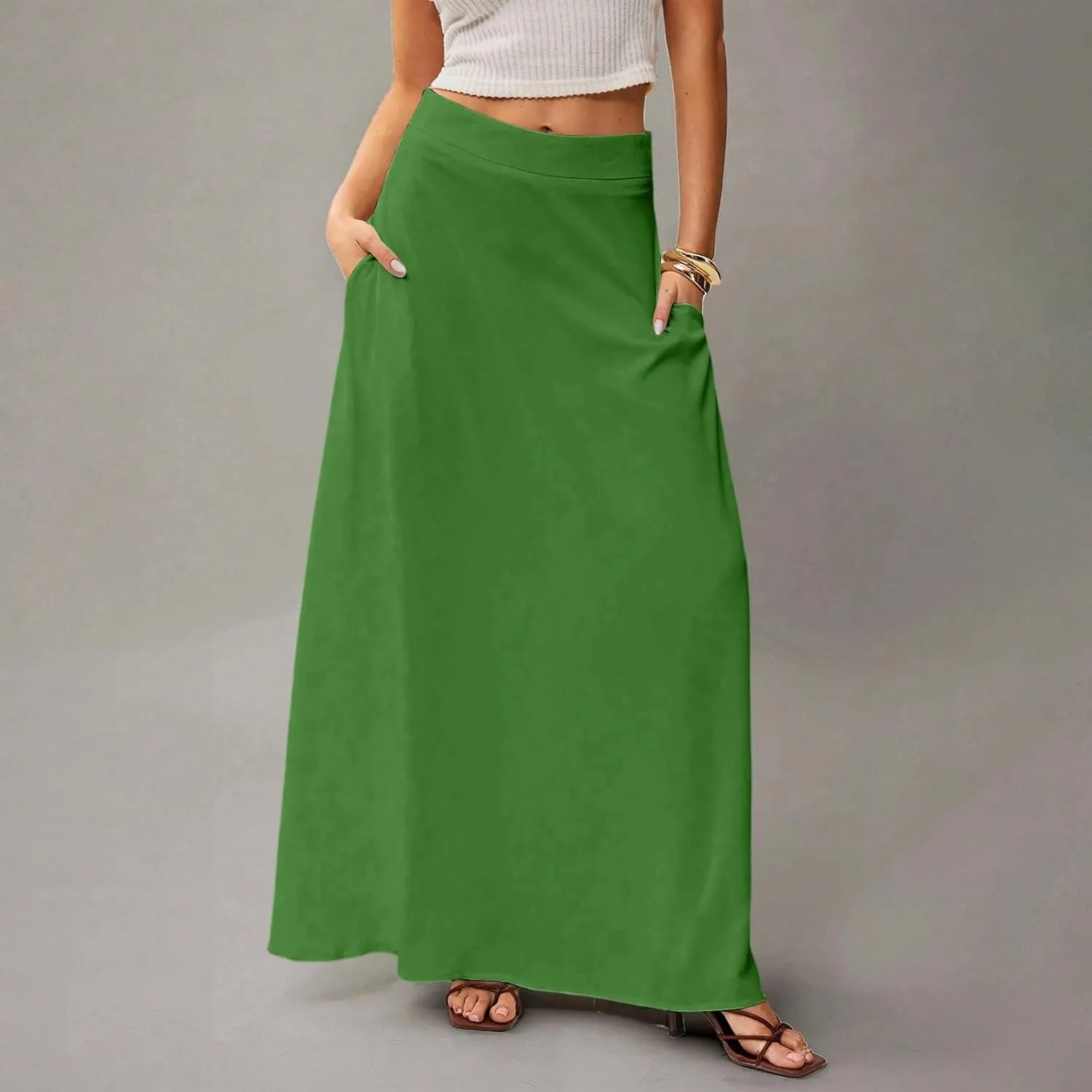 Skirts for Women Midi Length High Waisted Pleated A-Line Summer Swing Long Work Office with Pockets