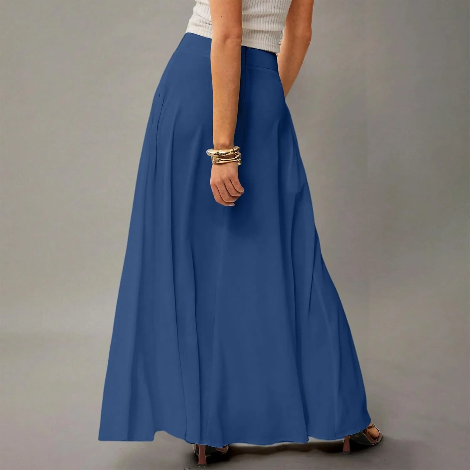 Skirts for Women Midi Length High Waisted Pleated A-Line Summer Swing Long Work Office with Pockets