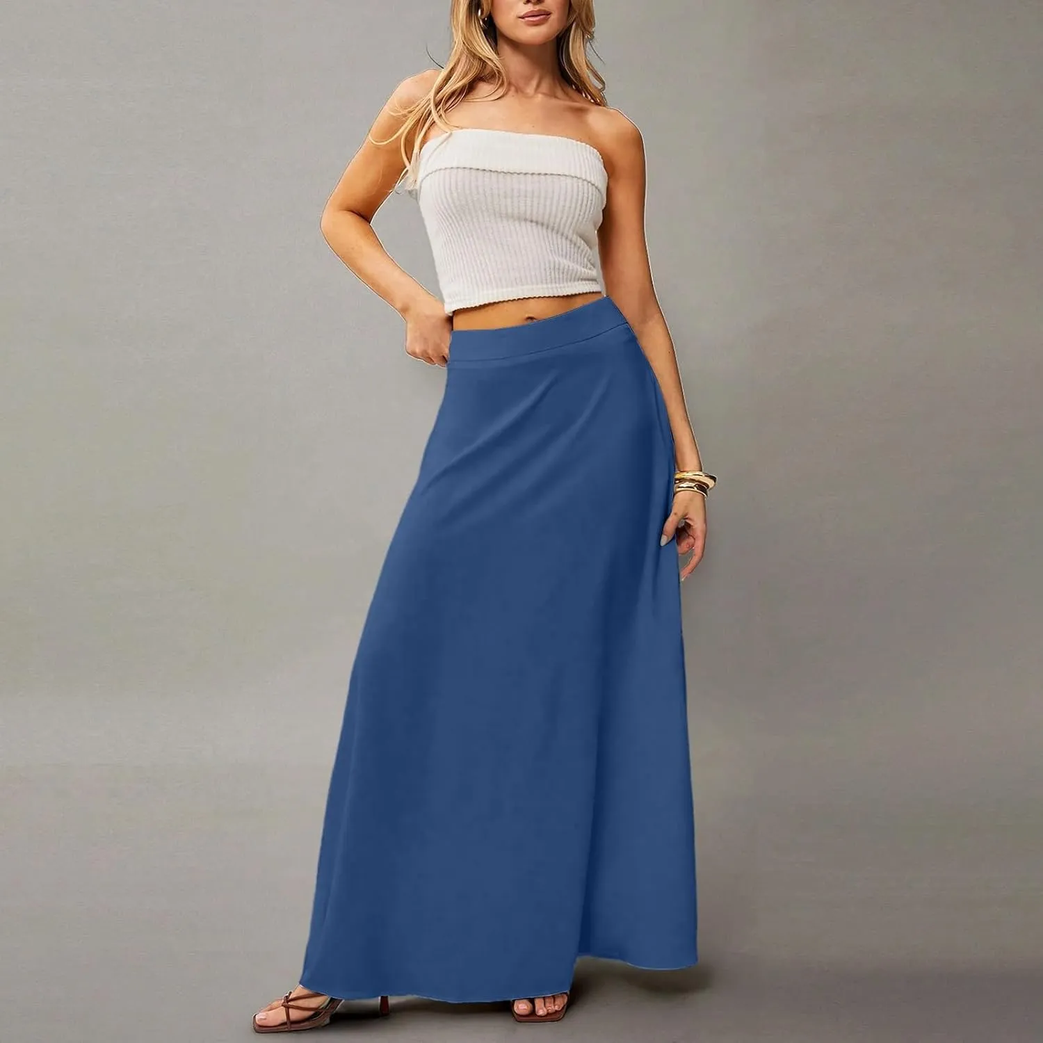 Skirts for Women Midi Length High Waisted Pleated A-Line Summer Swing Long Work Office with Pockets