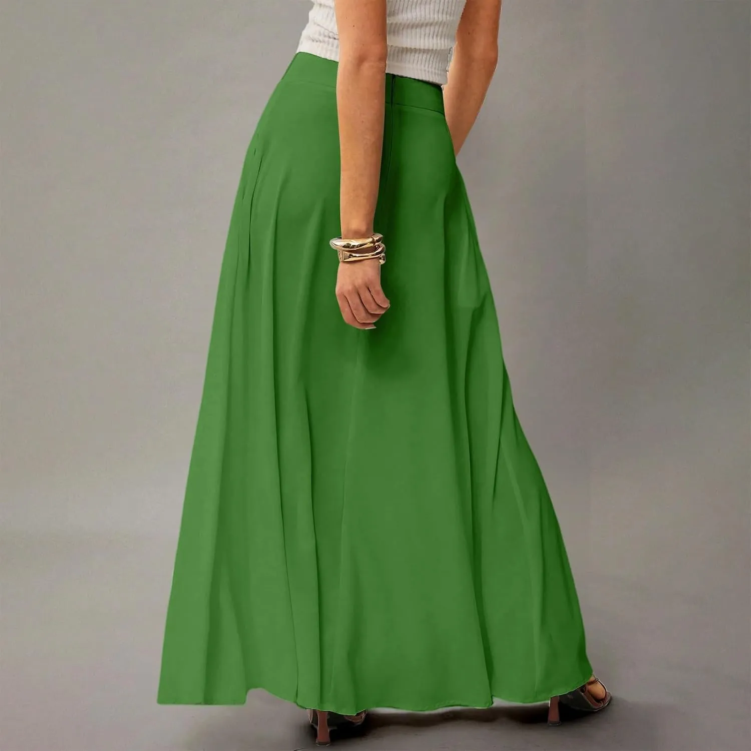 Skirts for Women Midi Length High Waisted Pleated A-Line Summer Swing Long Work Office with Pockets