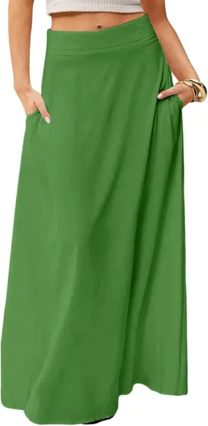 Skirts for Women Midi Length High Waisted Pleated A-Line Summer Swing Long Work Office with Pockets