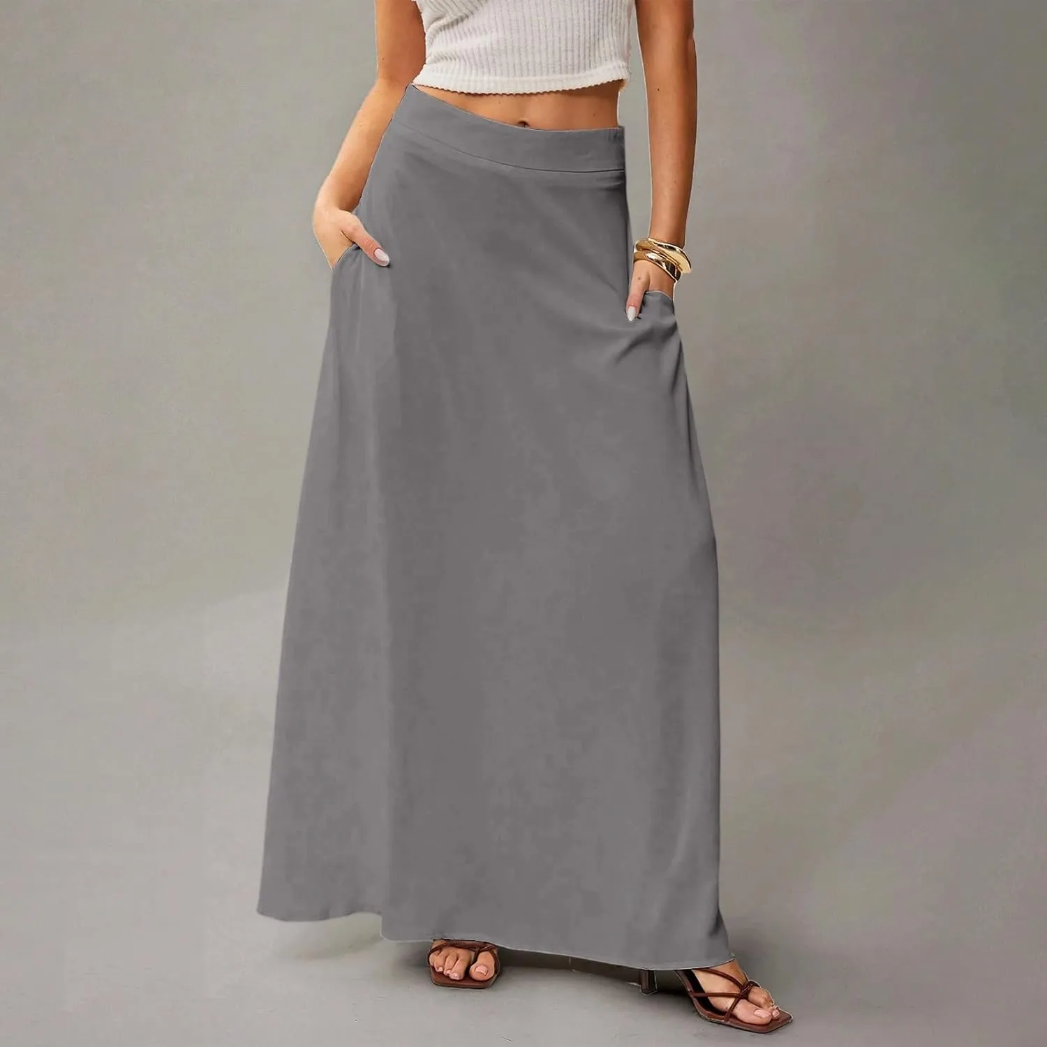 Skirts for Women Midi Length High Waisted Pleated A-Line Summer Swing Long Work Office with Pockets
