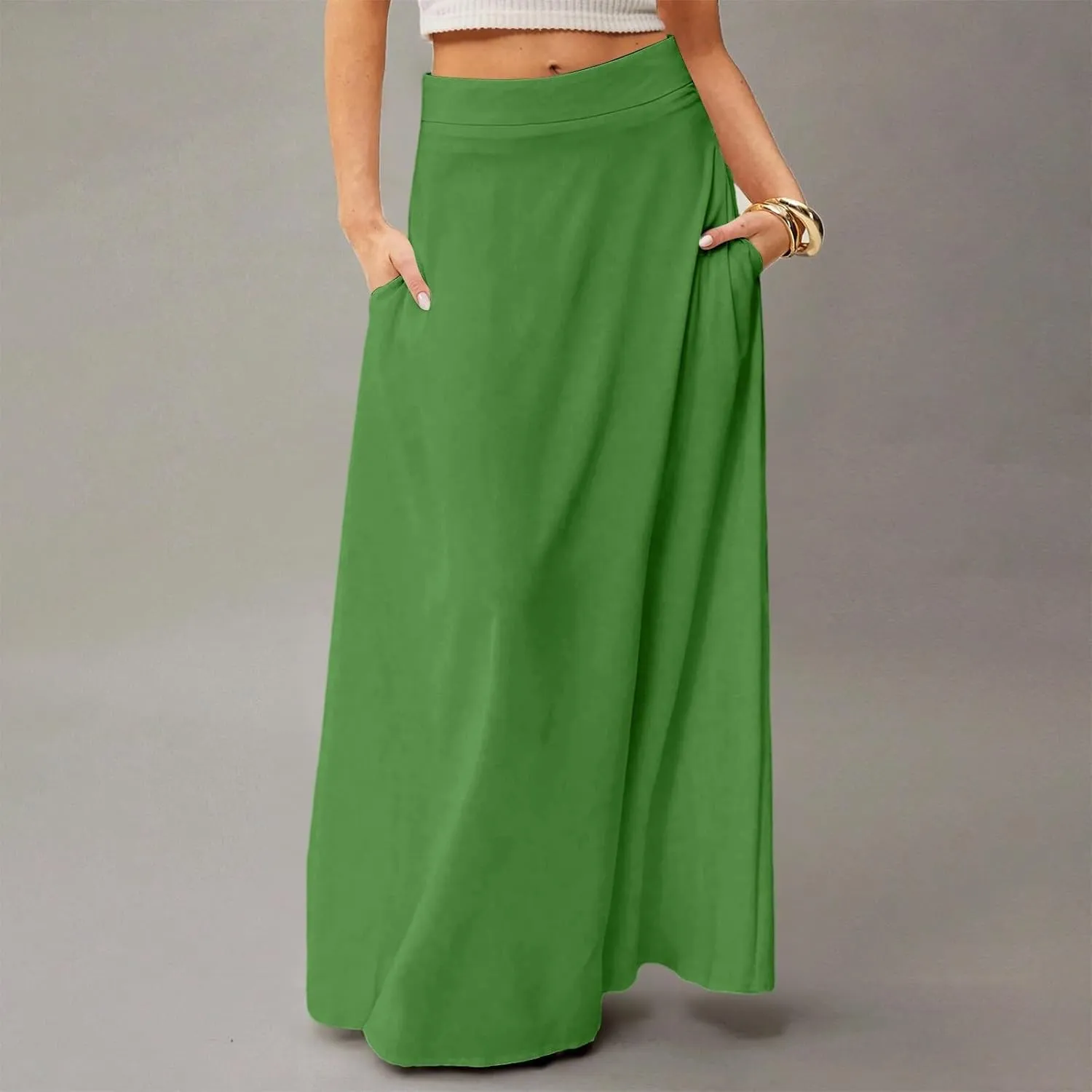 Skirts for Women Midi Length High Waisted Pleated A-Line Summer Swing Long Work Office with Pockets