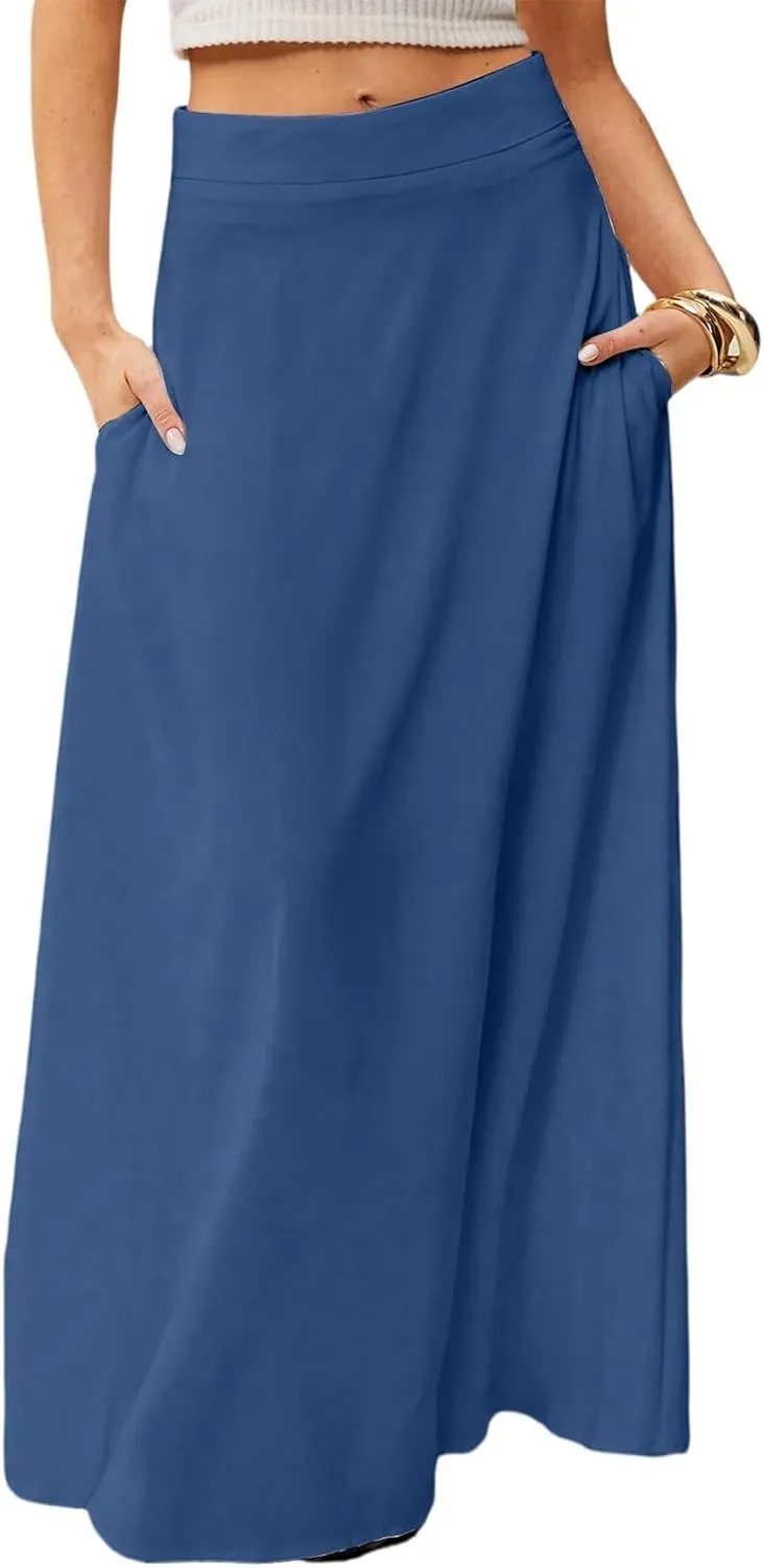 Skirts for Women Midi Length High Waisted Pleated A-Line Summer Swing Long Work Office with Pockets