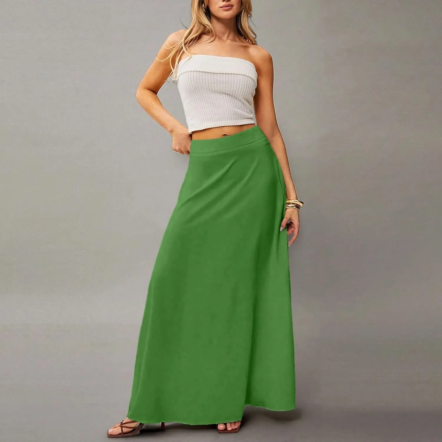 Skirts for Women Midi Length High Waisted Pleated A-Line Summer Swing Long Work Office with Pockets