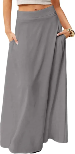 Skirts for Women Midi Length High Waisted Pleated A-Line Summer Swing Long Work Office with Pockets