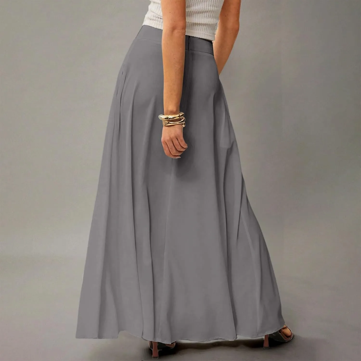 Skirts for Women Midi Length High Waisted Pleated A-Line Summer Swing Long Work Office with Pockets
