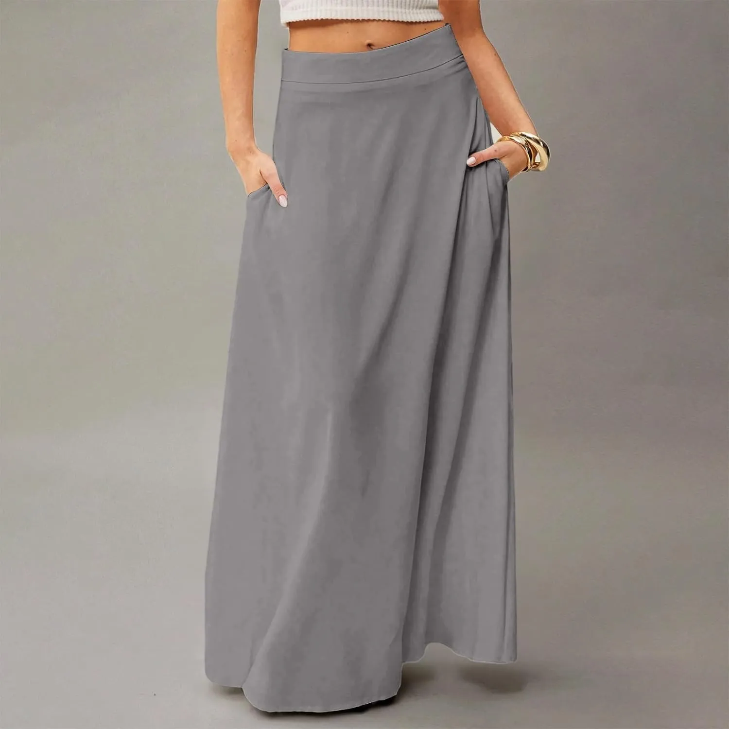 Skirts for Women Midi Length High Waisted Pleated A-Line Summer Swing Long Work Office with Pockets